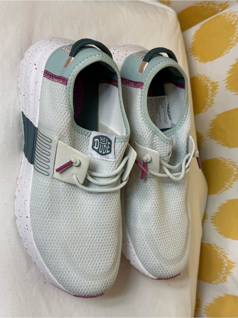 Hey Dude Women’s Sirocco Mint Green Knit Slip-On Sneakers with Pink Accents